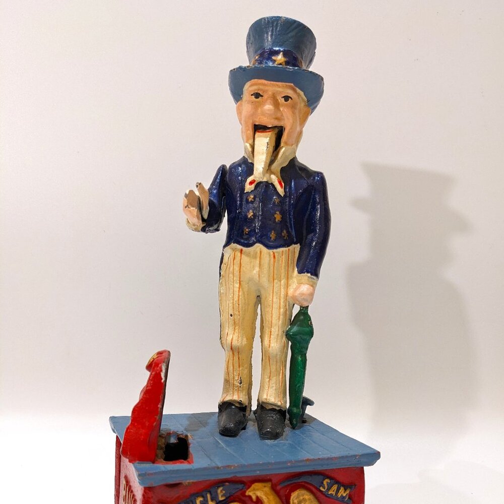 Vintage Cast Iron Uncle Sam Coin Bank Americana Patriotic Decor Red White & Blue